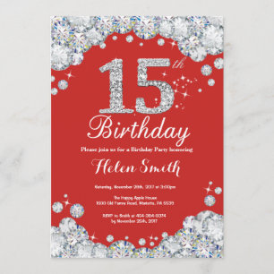 15th Birthday Invitation Red and Silver Diamond