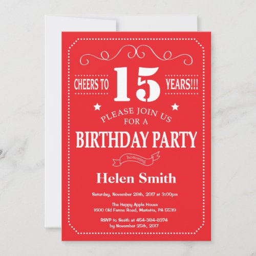15th Birthday Invitation Red and White
