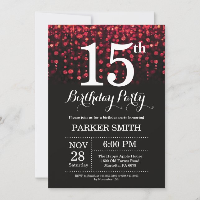15th Birthday Invitation Red Glitter (Front)
