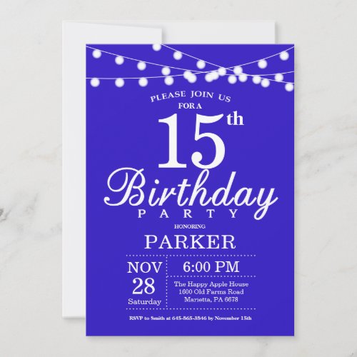 15th Birthday Invitation Royal Blue