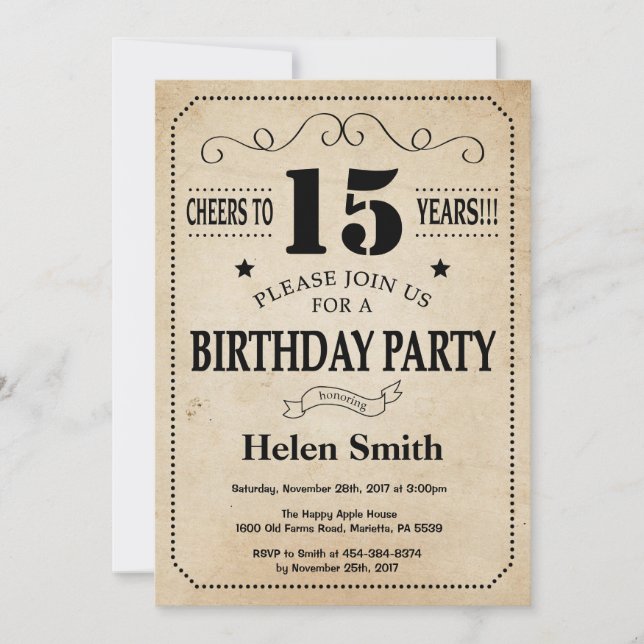 15th Birthday Invitation Rustic Vintage Retro (Front)