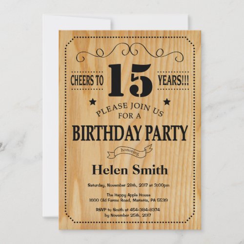 15th Birthday Invitation Rustic Wood