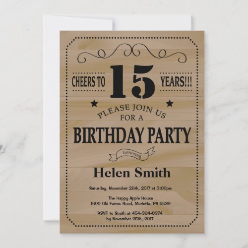 15th Birthday Invitation Rustic Wood