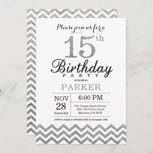 15th Birthday Invitation Silver Glitter