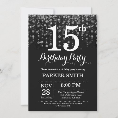 15th Birthday Invitation Silver Glitter