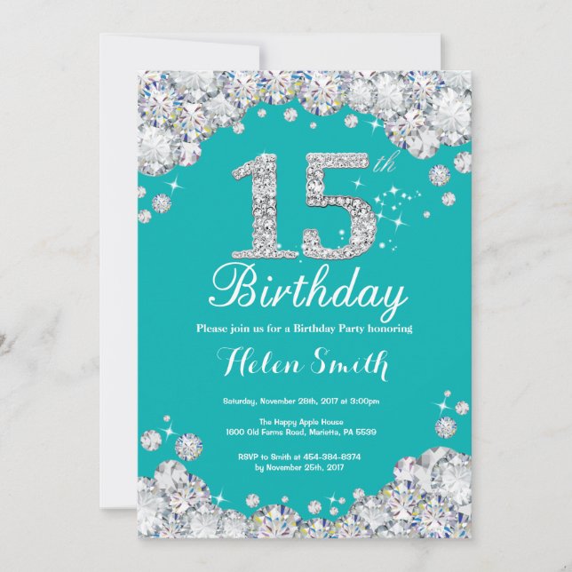 15th Birthday Invitation Teal and Silver Diamond (Front)