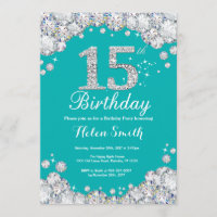 15th Birthday Invitation Teal and Silver Diamond