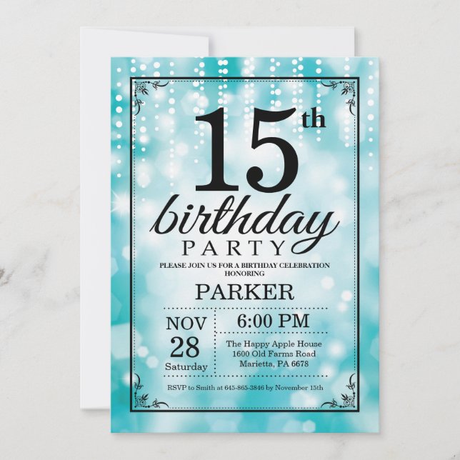 15th Birthday Invitation Teal Glitter (Front)