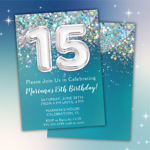 15th Birthday Invitation Teal Silver Glitter