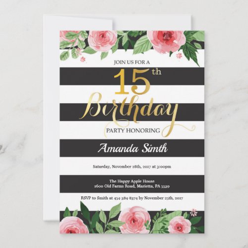 15th Birthday Invitation Teen Floral Gold Black