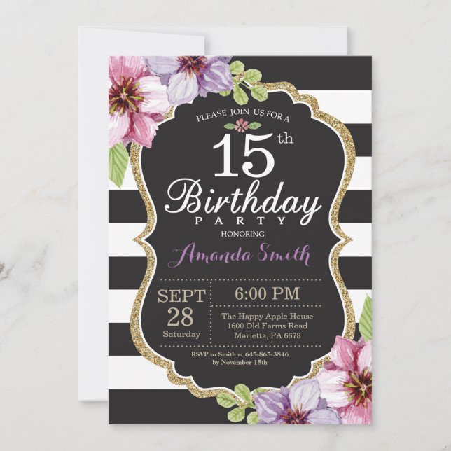 15th Birthday Invitation Women. Floral Gold Black (Front)