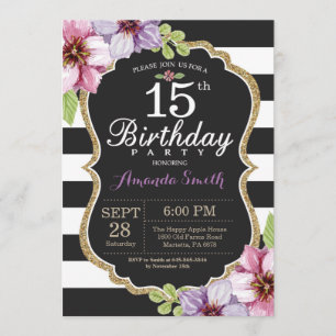 15th Birthday Invitation Women. Floral Gold Black