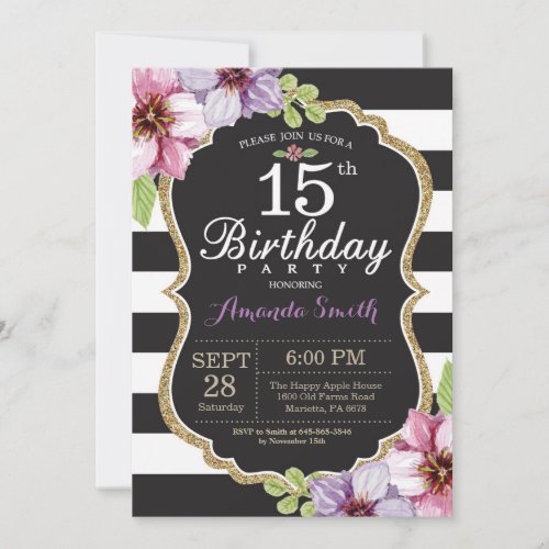 15th Birthday Invitation Women Floral Gold Black