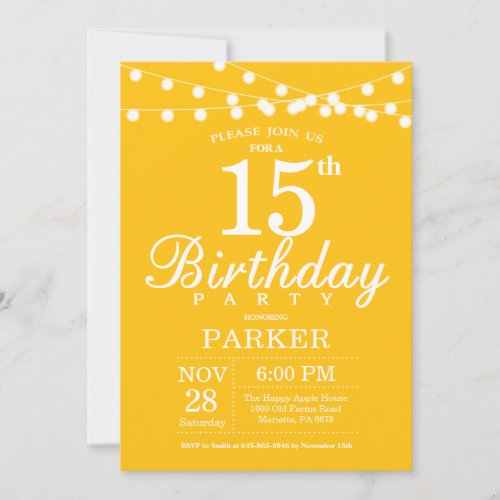 15th Birthday Invitation Yellow