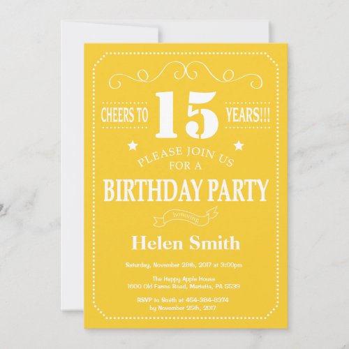 15th Birthday Invitation Yellow and White