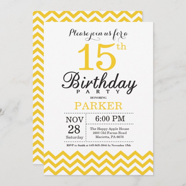 15th Birthday Invitation Yellow Chevron (Front/Back)