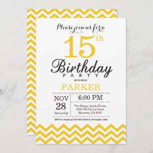 15th Birthday Invitation Yellow Chevron