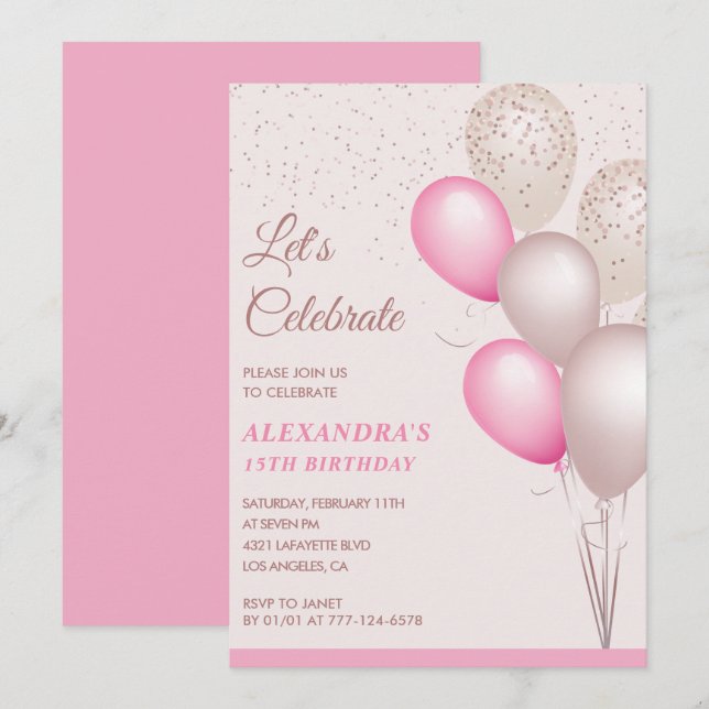 15th birthday invitations Balloons Pink Confetti (Front/Back)