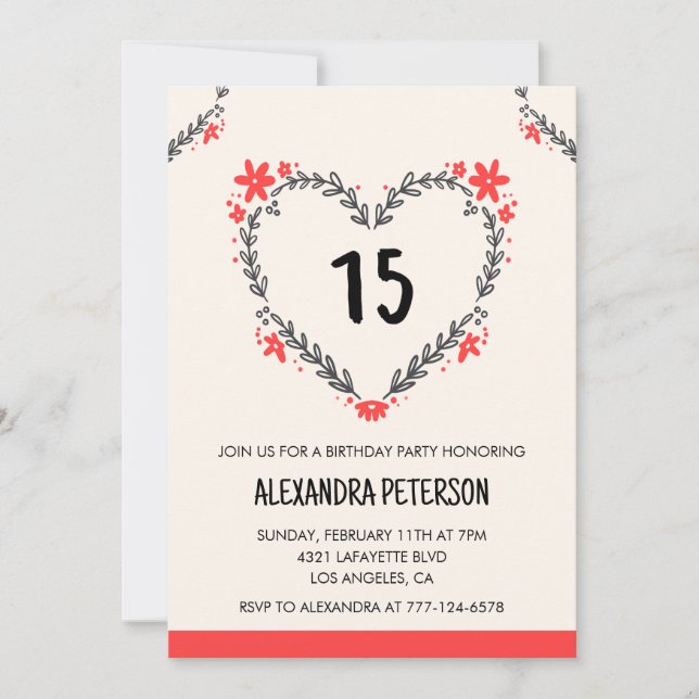 15th birthday invitations for her floral heart (Front)