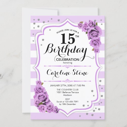 15th Birthday _  Lavender White Purple Flowers Invitation