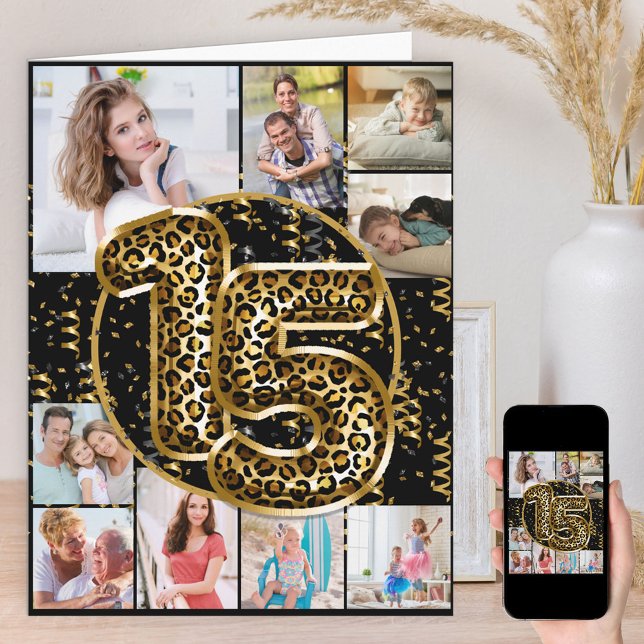 15th Birthday Leopard Print Gold Balloons Photo Card (Creator Uploaded)