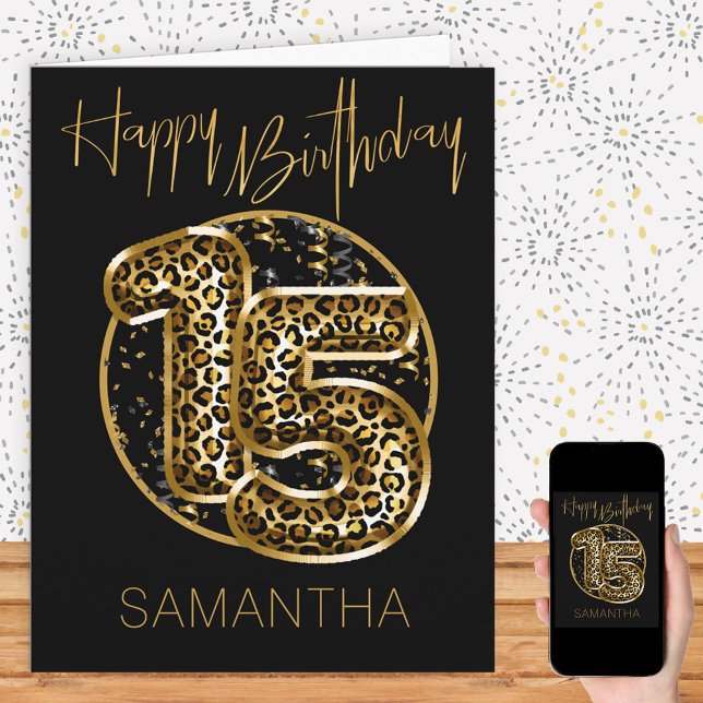 15th Birthday Leopard Print Gold Foil Balloons Card (Creator Uploaded)
