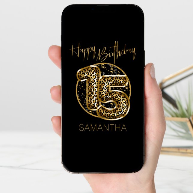 15th Birthday Leopard Print Gold Foil Balloons Card (Front Digital)