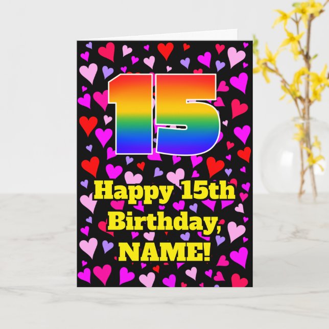 15th Birthday: Loving Hearts Pattern, Rainbow # 15 Card (Yellow Flower)
