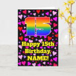 [ Thumbnail: 15th Birthday: Loving Hearts Pattern, Rainbow # 15 Card ]