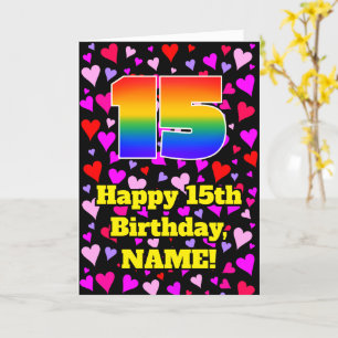 15th Birthday: Loving Hearts Pattern, Rainbow # 15 Card