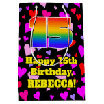 [ Thumbnail: 15th Birthday: Loving Hearts Pattern, Rainbow # 15 Gift Bag ]