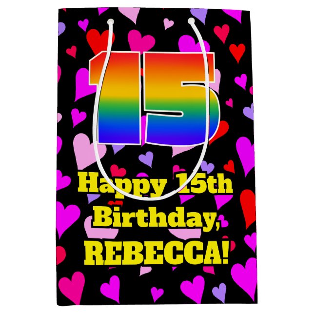 15th Birthday: Loving Hearts Pattern, Rainbow # 15 Medium Gift Bag (Front)