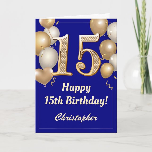 15th Birthday Navy Blue and Gold Balloons Confetti Card (Front)
