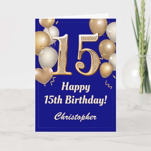 15th Birthday Navy Blue and Gold Balloons Confetti Card