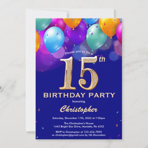 15th Birthday Navy Blue and Gold Colorful Balloons Invitation