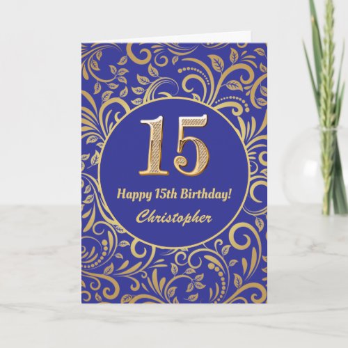 15th Birthday Navy Blue and Gold Floral Pattern Card