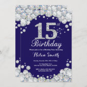 15th Birthday Navy Blue and Silver Diamond Invitation (Front/Back)