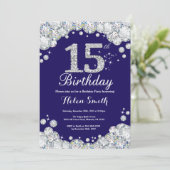 15th Birthday Navy Blue and Silver Diamond Invitation (Standing Front)