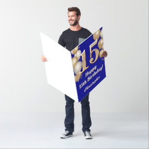 15th Birthday Navy Blue Gold Balloons Extra Large Card