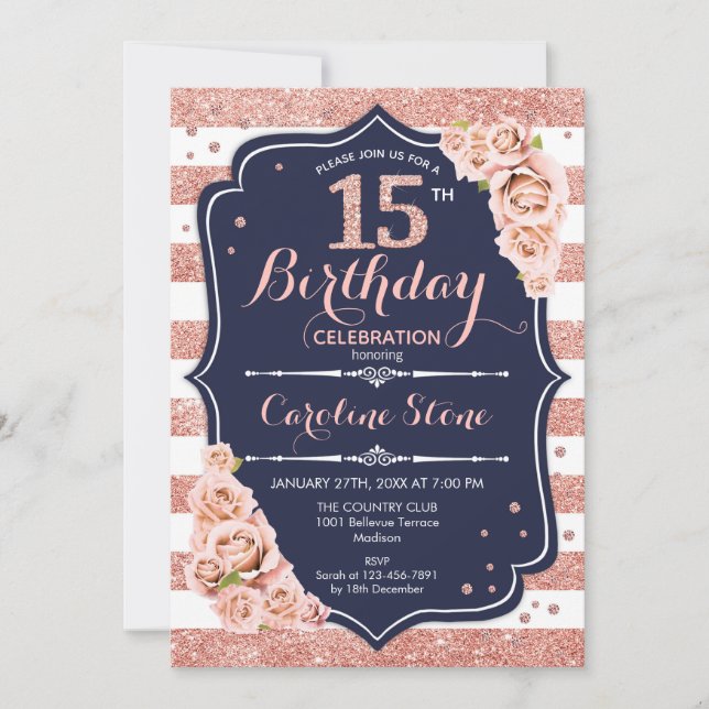 15th Birthday Navy Rose Gold and White Stripes Invitation (Front)