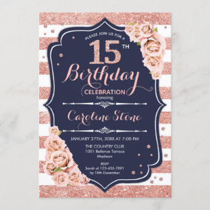 15th Birthday Navy Rose Gold and White Stripes Invitation