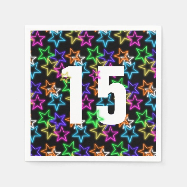 15th Birthday Neon Stars On Black  Napkins (Front)