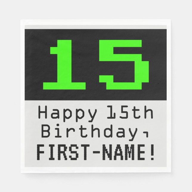 15th Birthday - Nerdy / Geeky Style "15" & Name Napkins (Front)