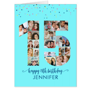 15th Birthday Number 15 Custom Photo Collage Blue Card