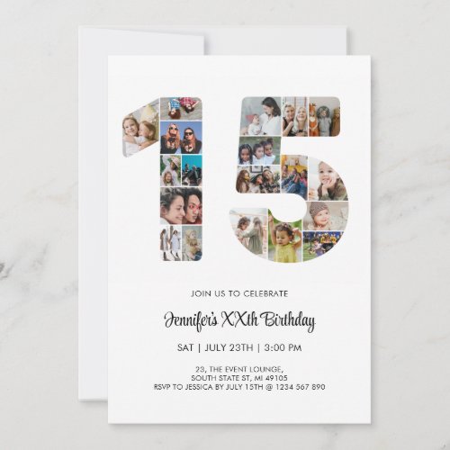 15th Birthday Number 15 Custom Photo Collage Invitation