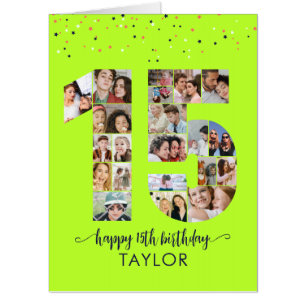 15th Birthday Number 15 Photo Collage Acid Lime Card