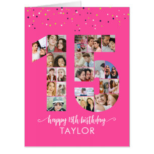 15th Birthday Number 15 Photo Collage Hot Pink Card