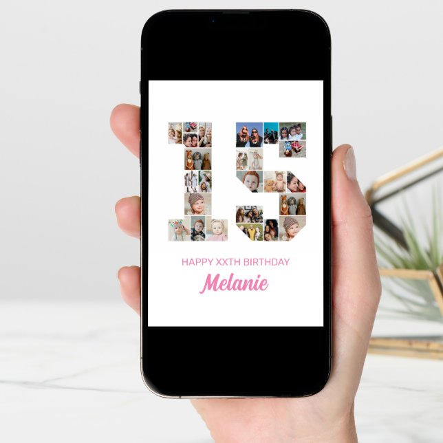 15th Birthday Number 15 Photo Collage Personalized Card (Front Digital)