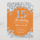 15th Birthday Orange and Silver Diamond Invitation (Front/Back)