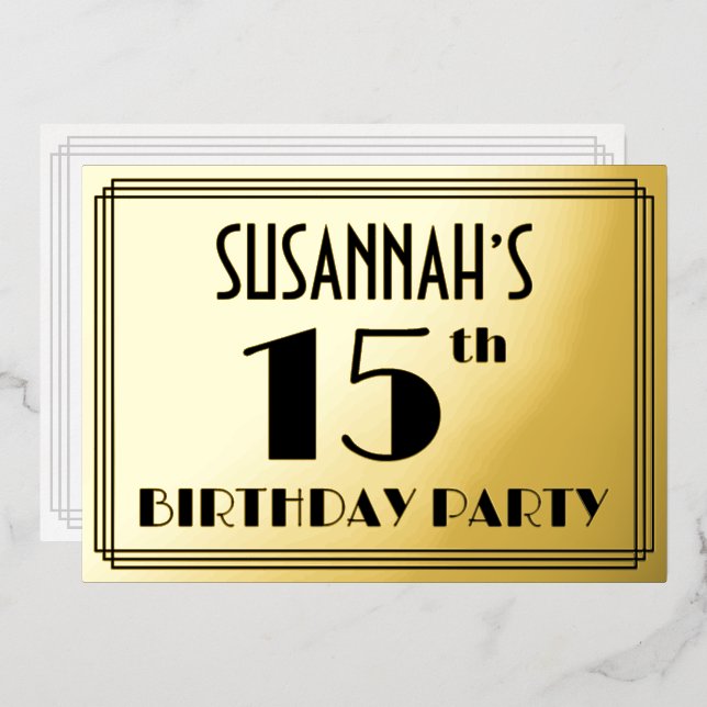 15th Birthday Party — Art Deco Look “15” + Name Foil Invitation (Front/Back)